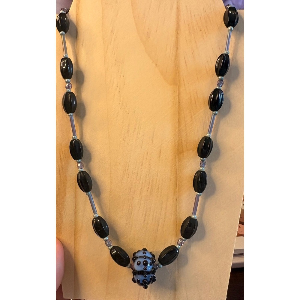 Handmade Lampwork Glass Bead Necklace Black Blue Polka Dot Toggle Clasp 21 Inch